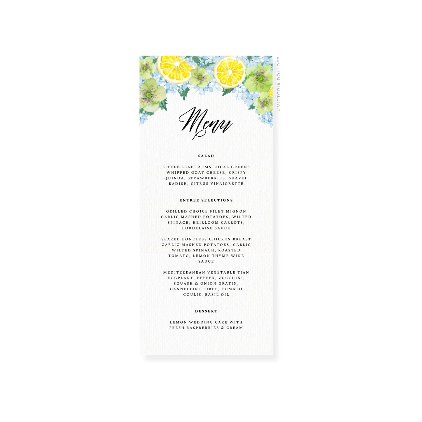 Wedding menu card with lemon & hydrangea florals, cursive “Menu” heading