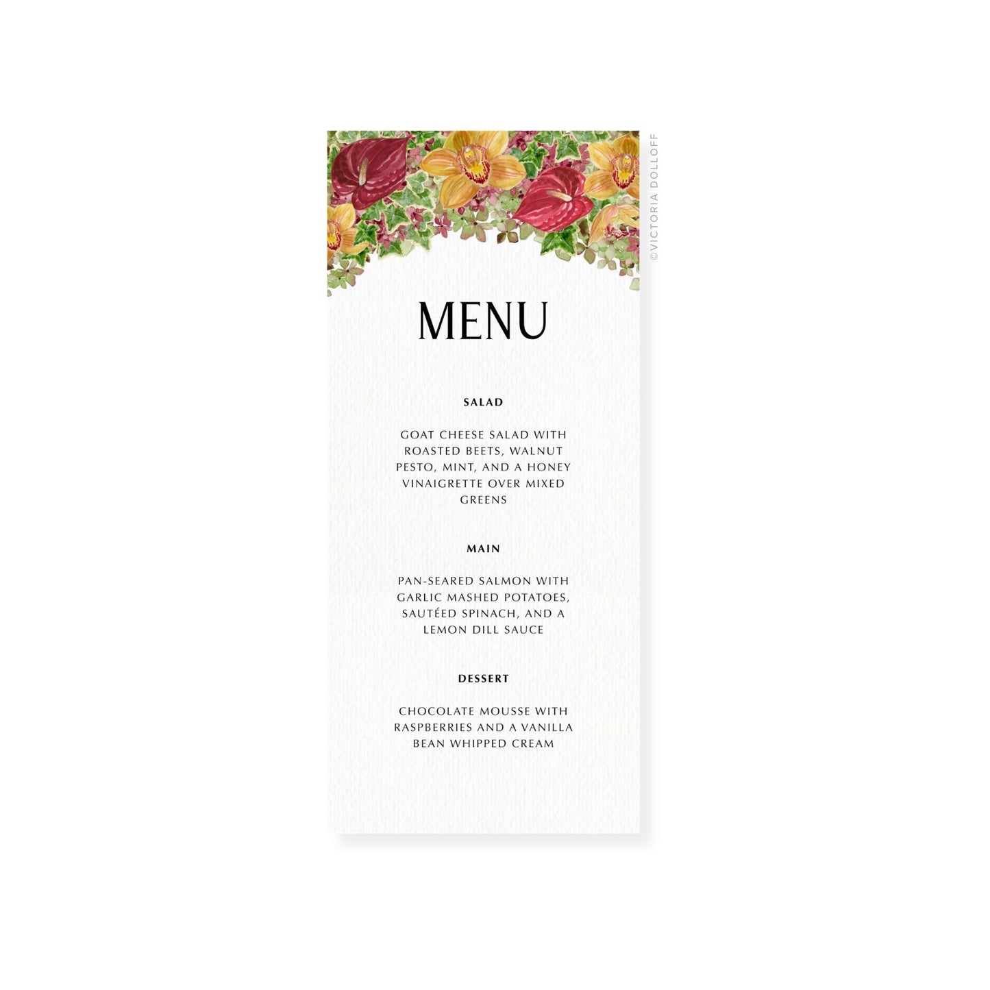 Menu card with red floral header and MENU text for salad, main, dessert