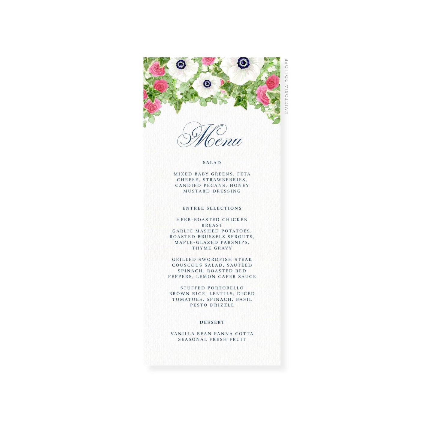 White anemone wedding menu card showing floral header, ornate “Menu” text, and sections