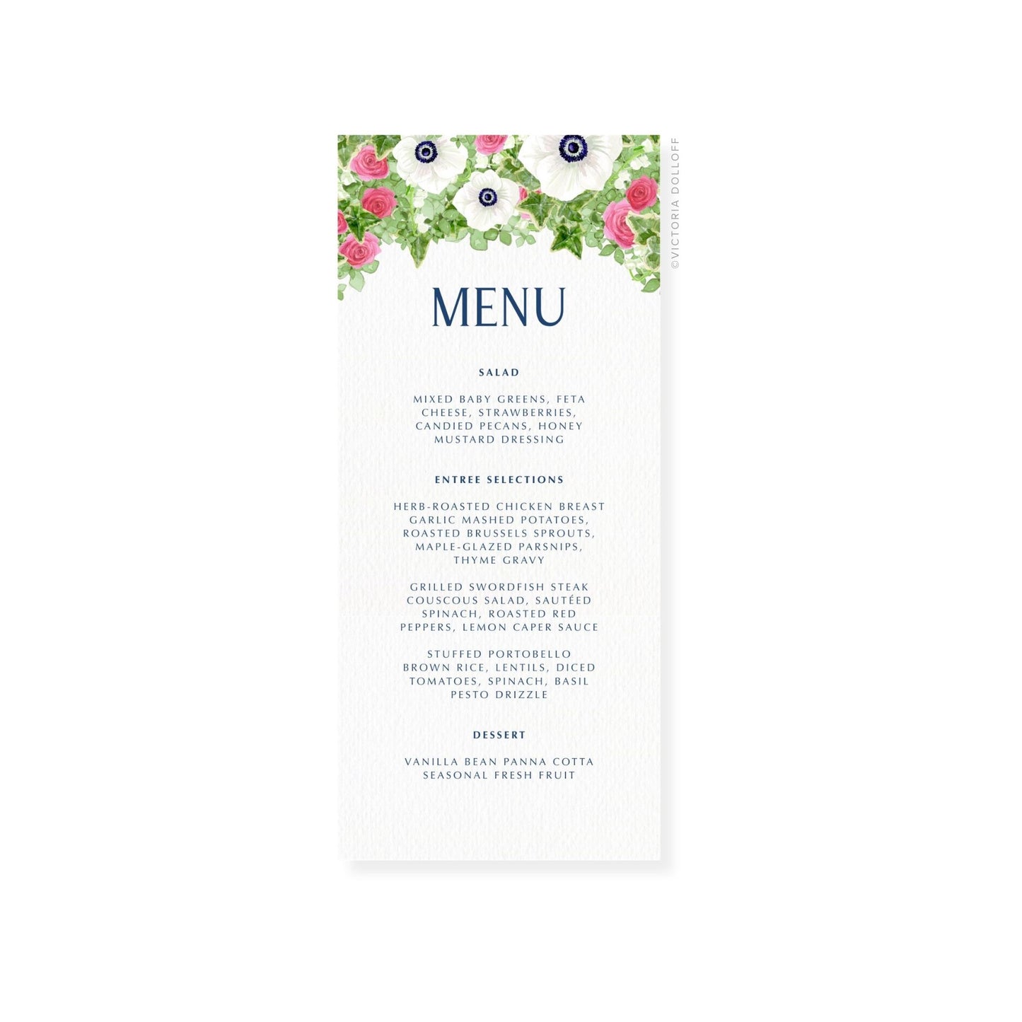 White anemone wedding menu card with blue uppercase “MENU”, floral border, and meal sections