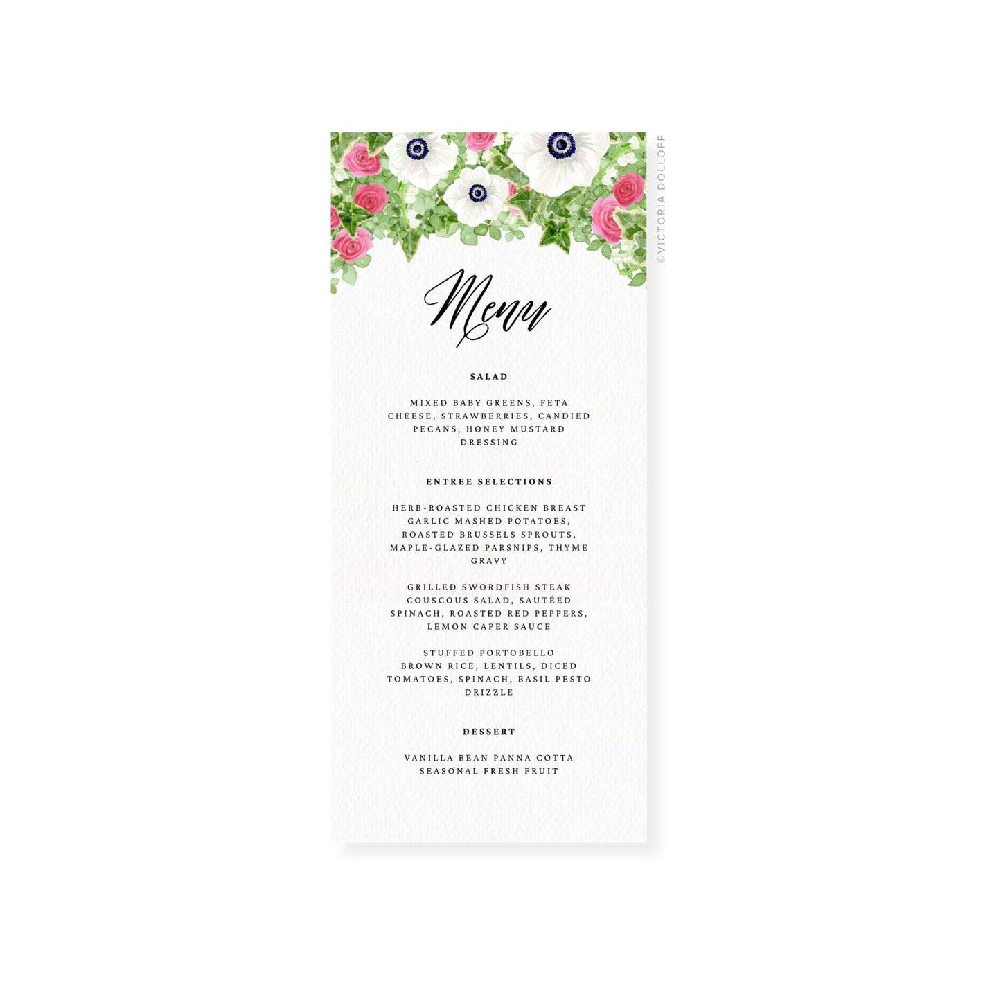 White anemone wedding menu card featuring floral corner flowers and dark cursive “Menu”