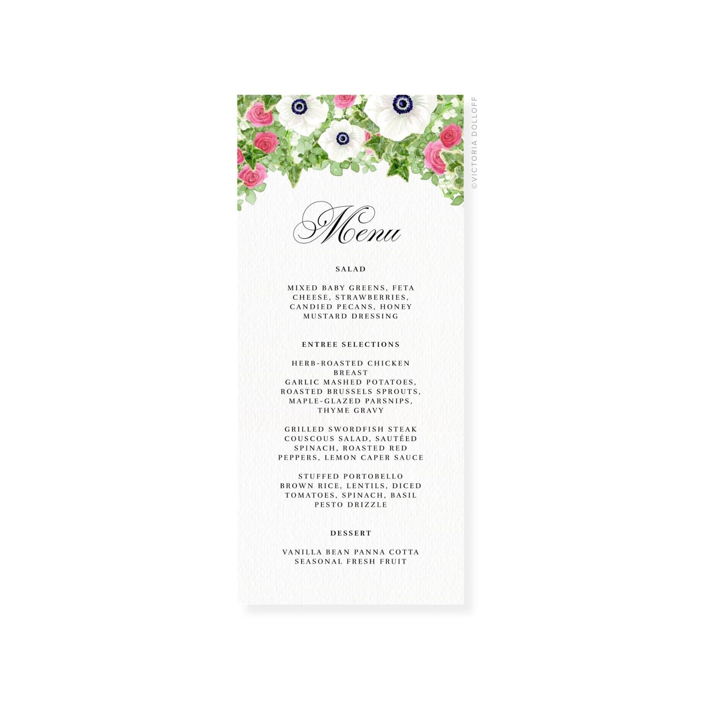 White anemone wedding menu card with floral top, decorative script “Menu”, and dessert line