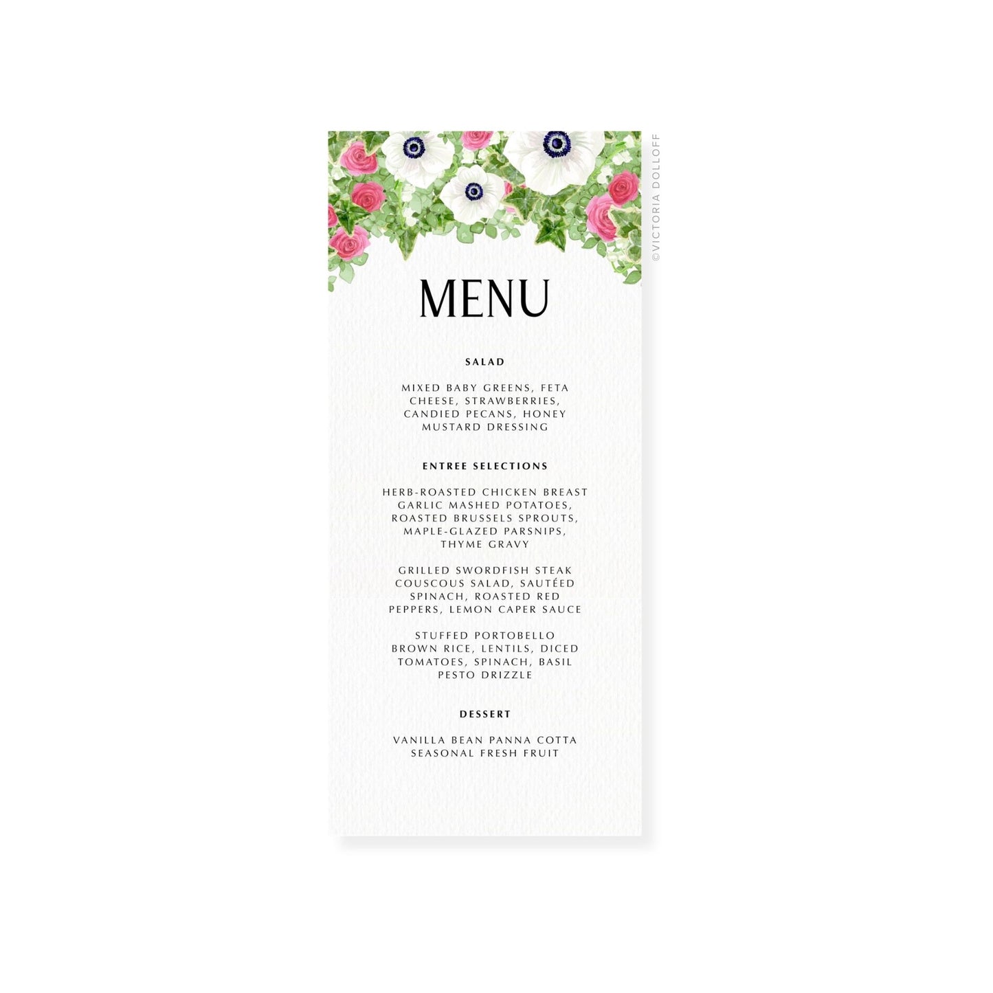White wedding menu card with floral top border and “MENU” title.