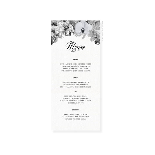 Wedding menu card with tropical floral header, cursive “Menu”, salad, main, and dessert