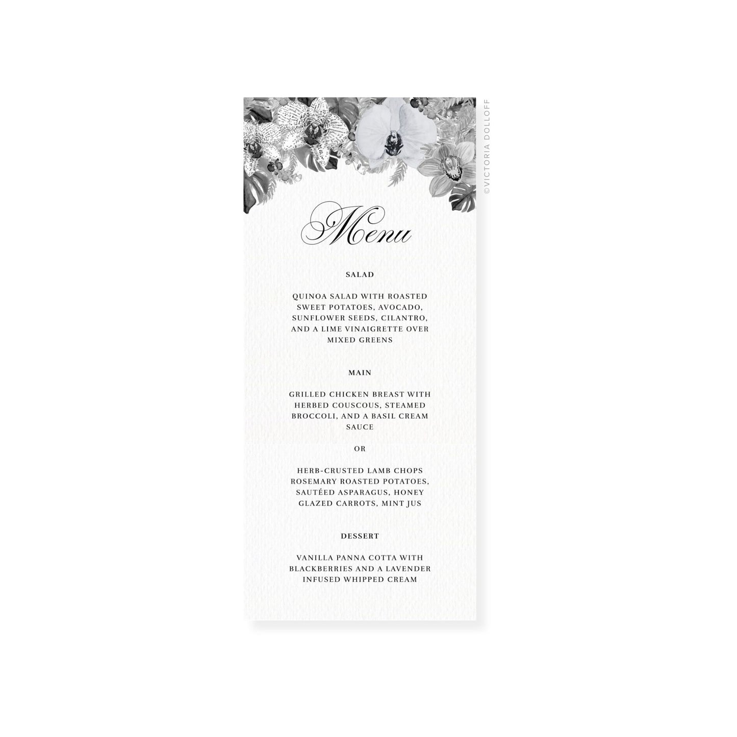 Wedding menu card with floral top, ornate cursive “Menu” and detailed dish list