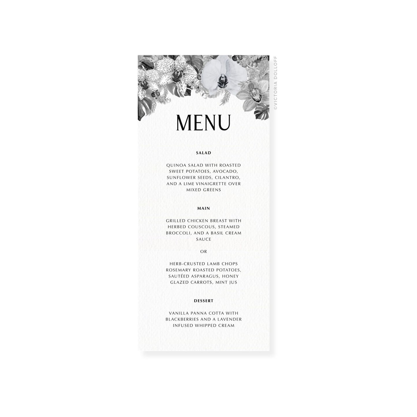 Wedding menu card with floral top, uppercase “MENU”, salad, main options, and dessert