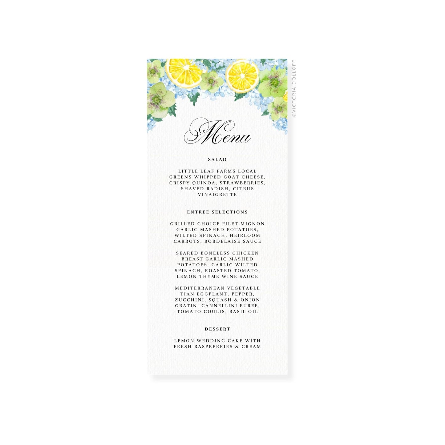 Wedding menu card, looped script “Menu” with dessert line at bottom