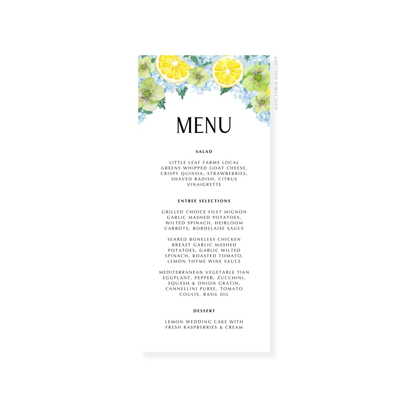 Wedding menu card with lemon and hydrangea border, bold “MENU” headline and sections.