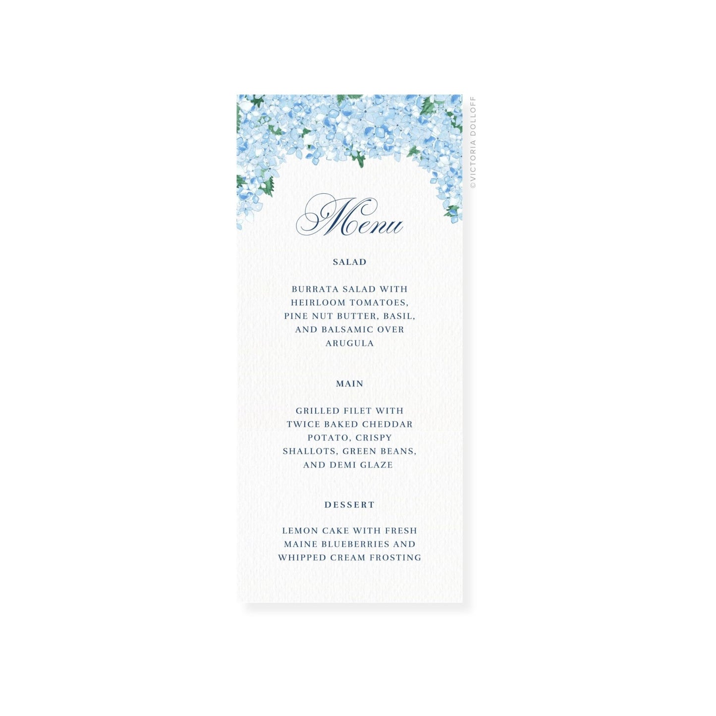 Blue hydrangea wedding menu card with ornate “Menu” script and Salad/Main/Dessert details