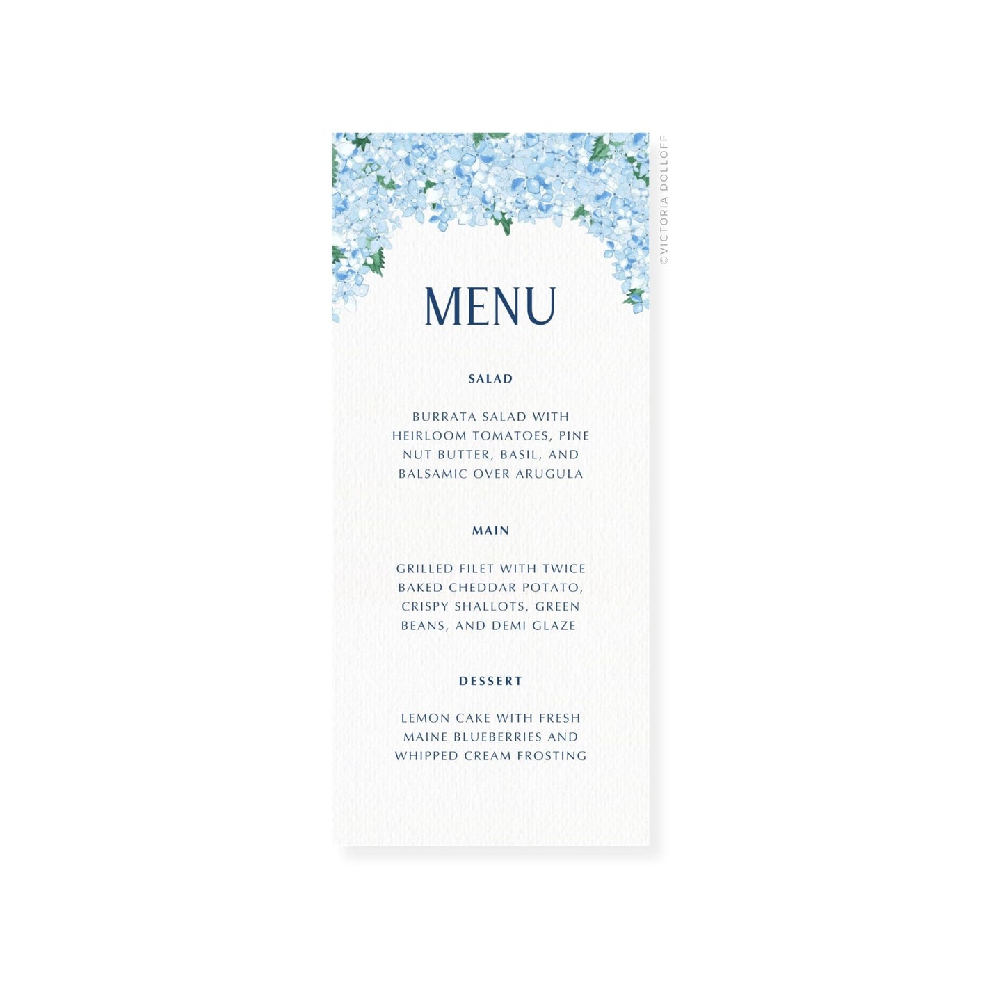 Hydrangea wedding menu card with bold “MENU” header and Salad, Main, Dessert wording