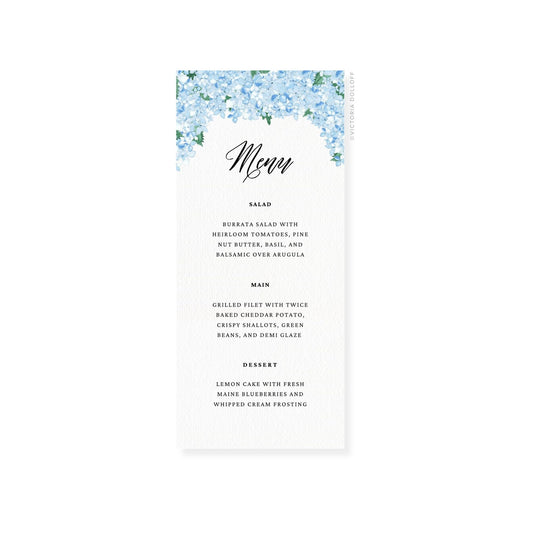 Blue floral wedding menu card with “Menu” script and text for Salad, Main, Dessert