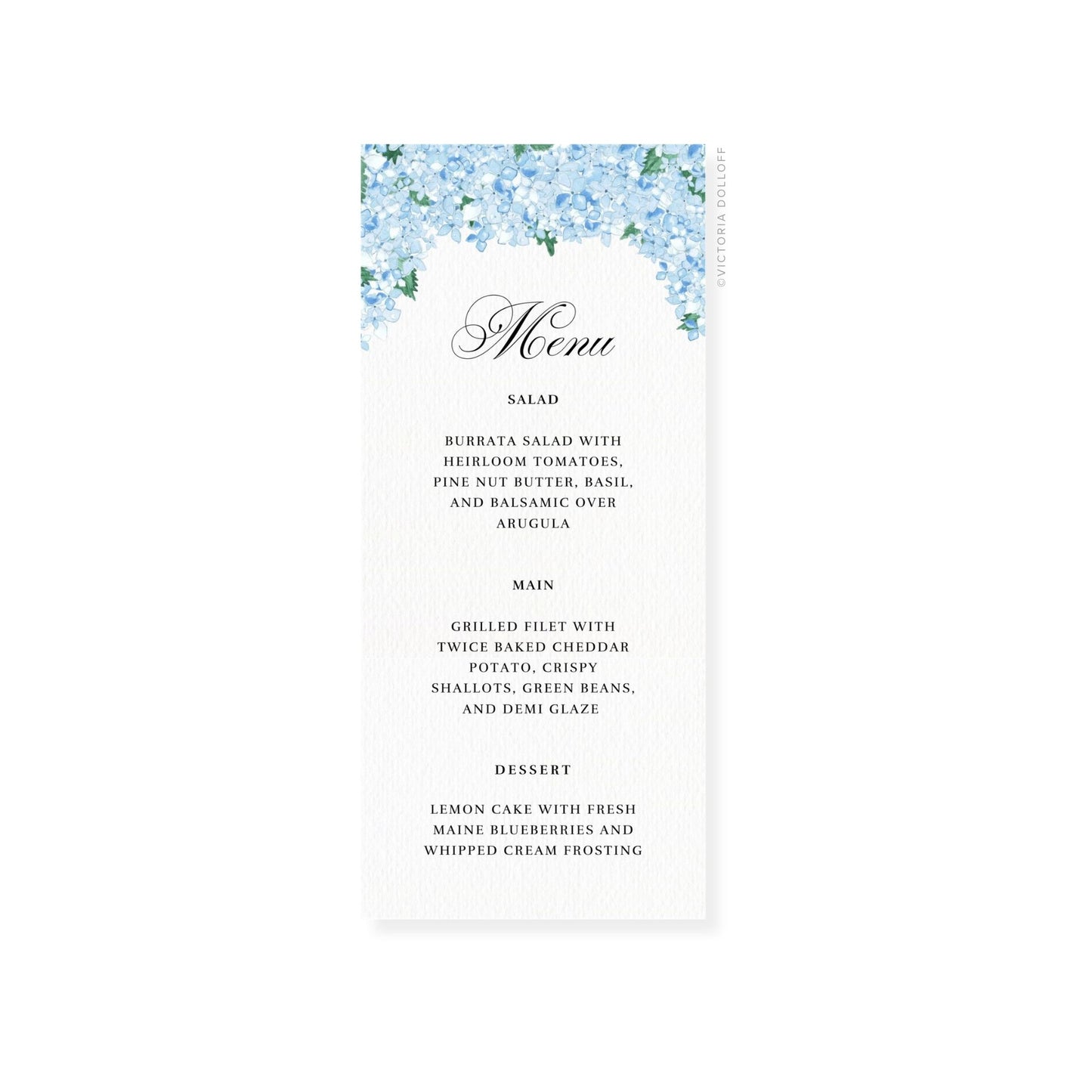 Blue hydrangea wedding menu card with “Menu” in decorative script and menu sections