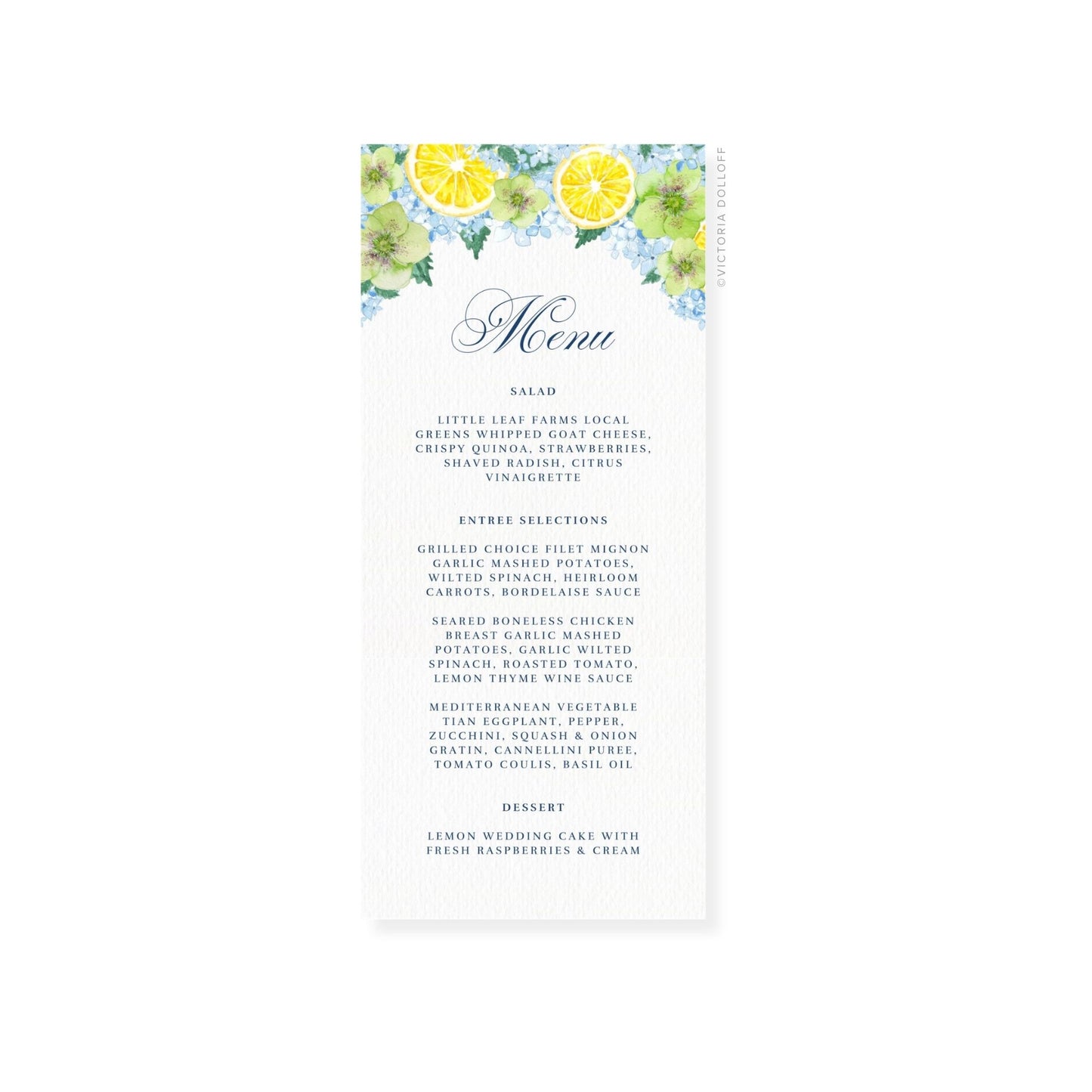 Wedding menu card, ornate script “Menu” and detailed menu item lines
