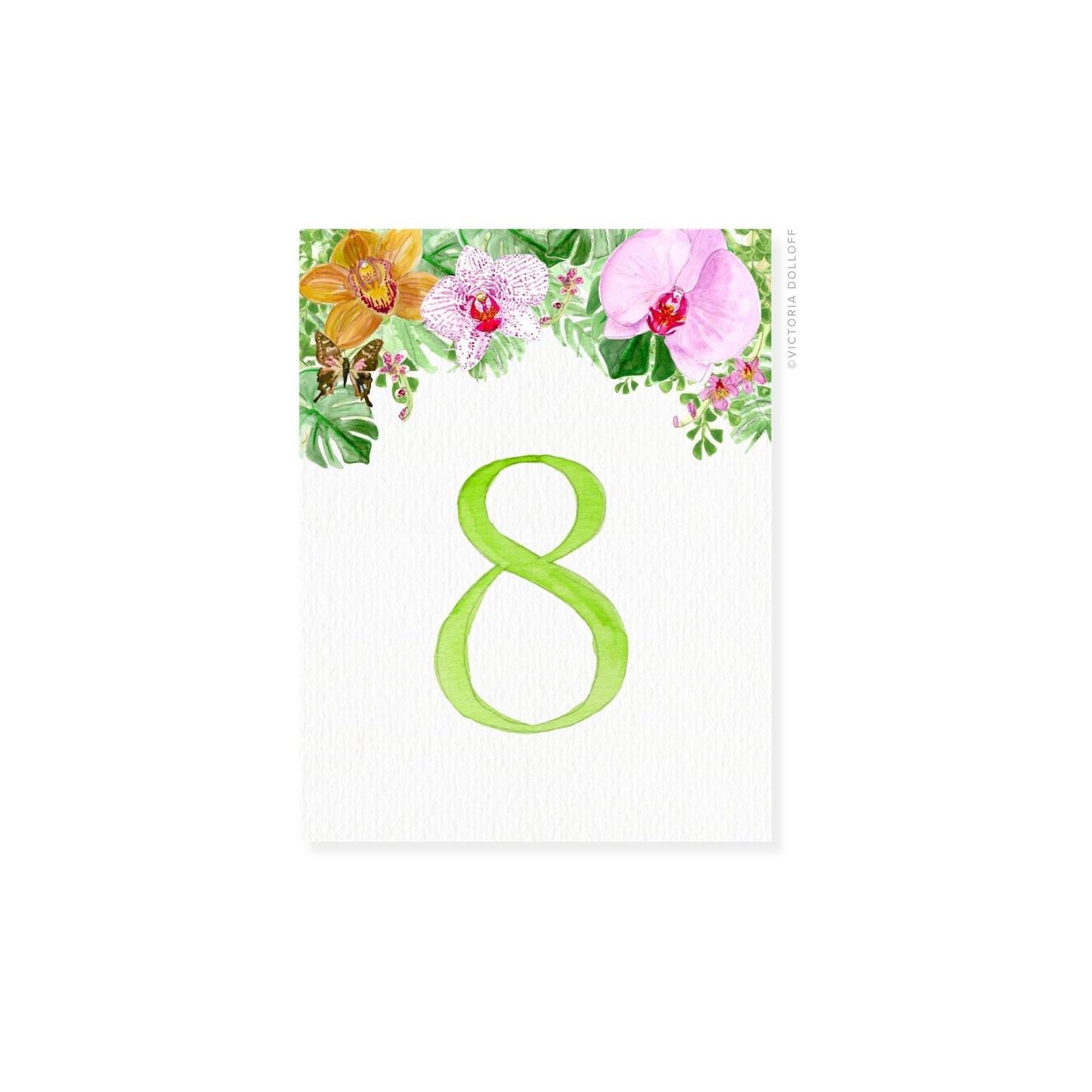 Table number card with floral border, number 8 in Palm Green