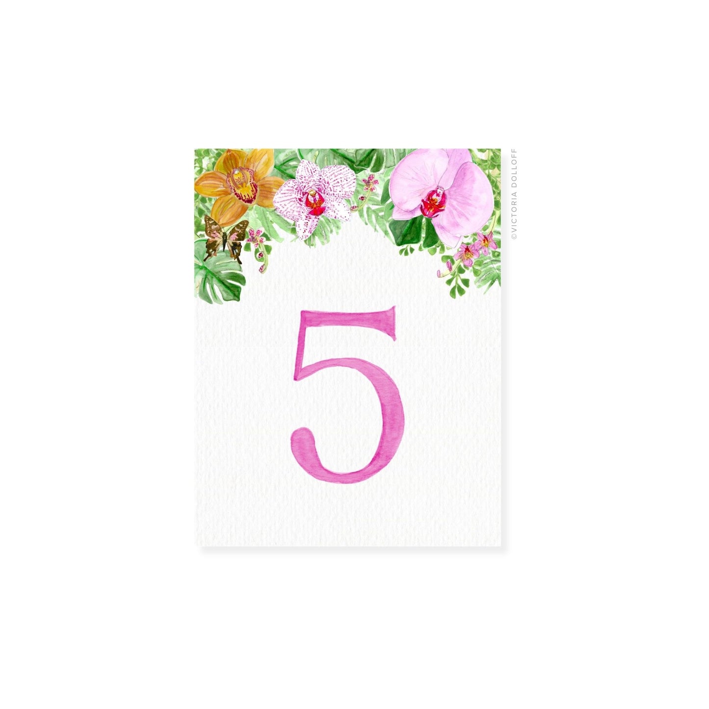 Table number card with floral border, number 5 in Orchid Pink