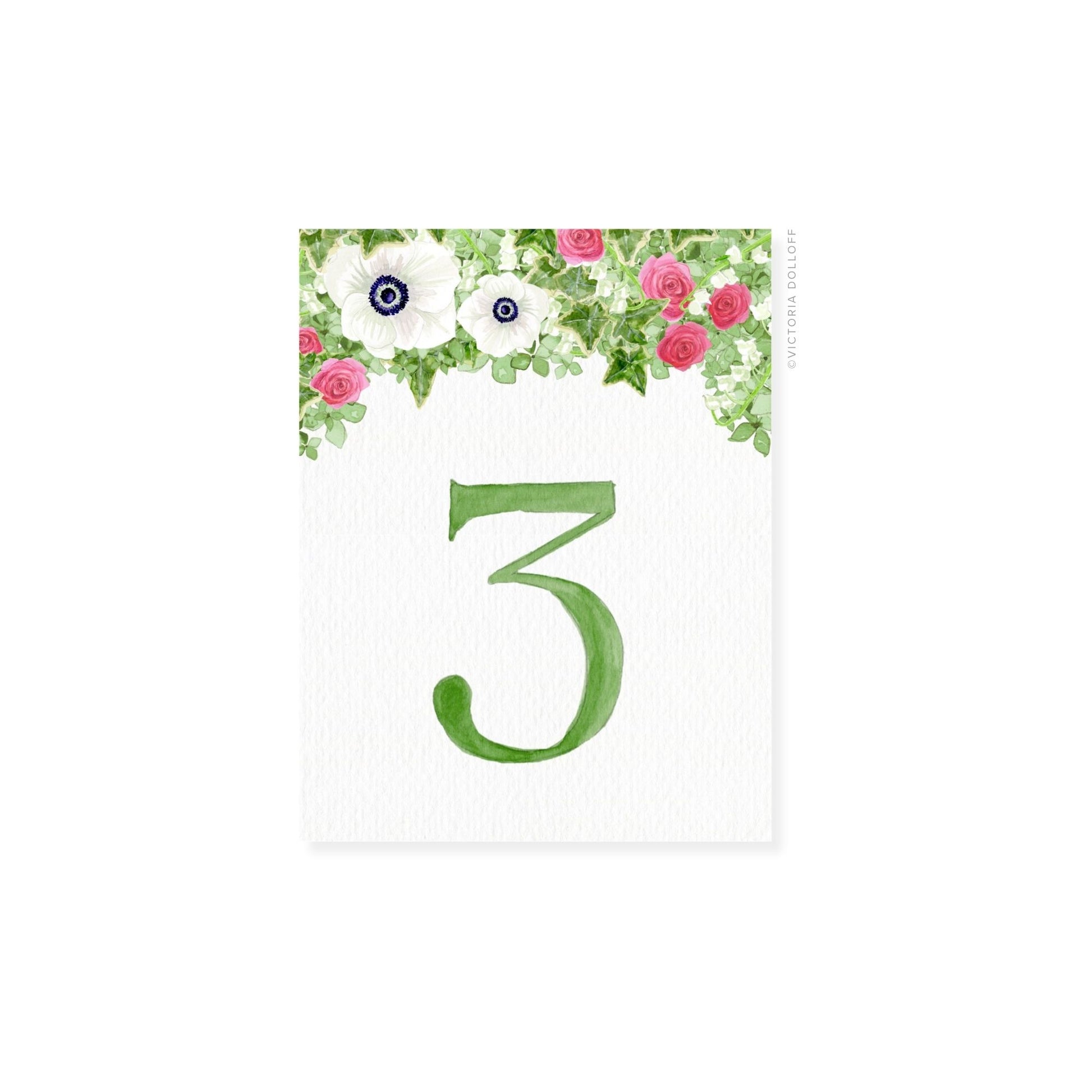 Table number 3 in pear green with floral corner accents