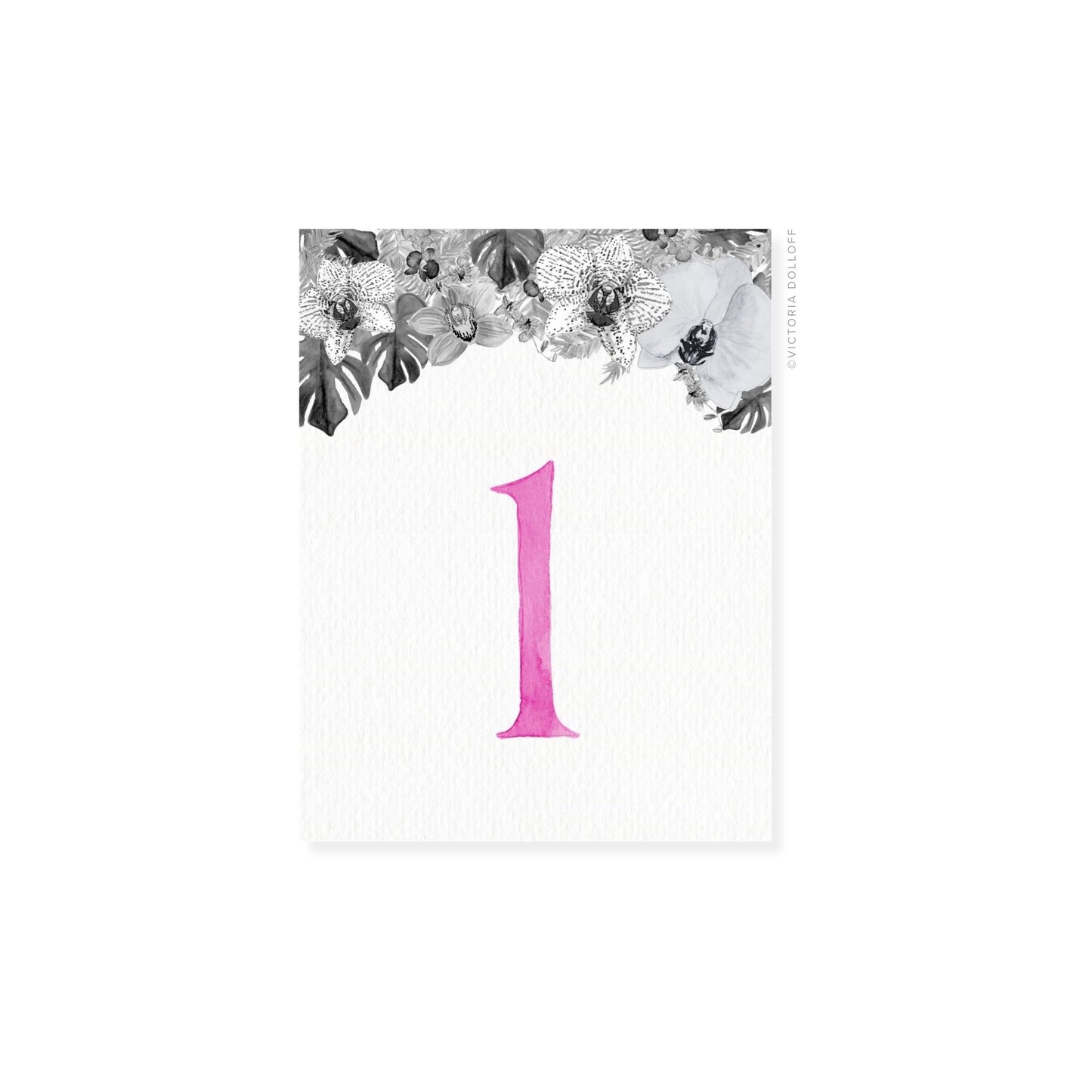 Table number 1, Orchid Pink numeral on white textured card