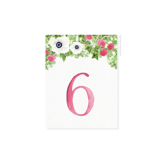 Table number 6 in rosebud pink with floral top accents