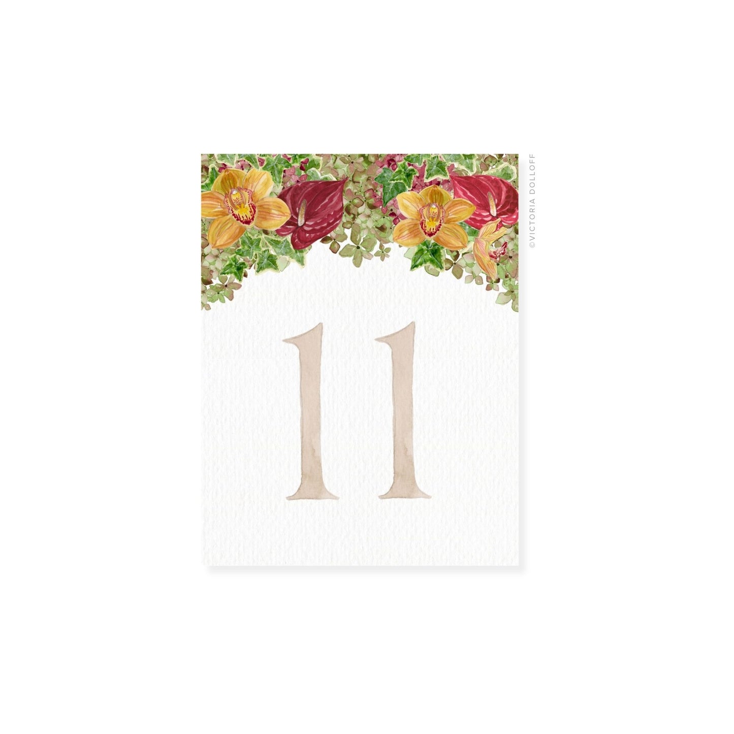Table number card with floral top and sand-colored numerals 1 1
