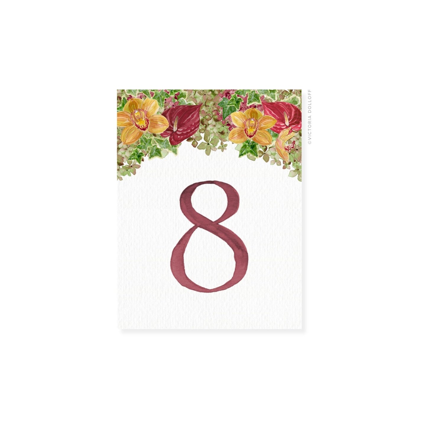 Table number card with floral top and burgundy numeral 8