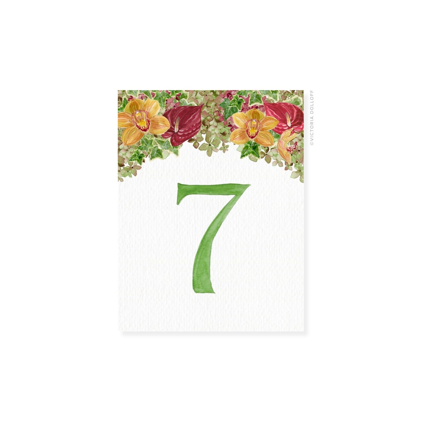 Table number card with floral top and green numeral 7