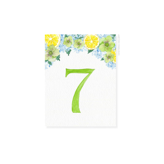 Table number 7 in Palm Green with floral top border