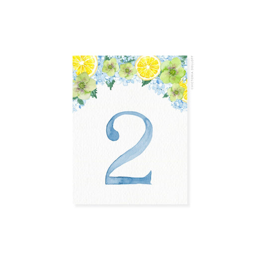 Table number 2 in Powder Blue with lemon-flower border