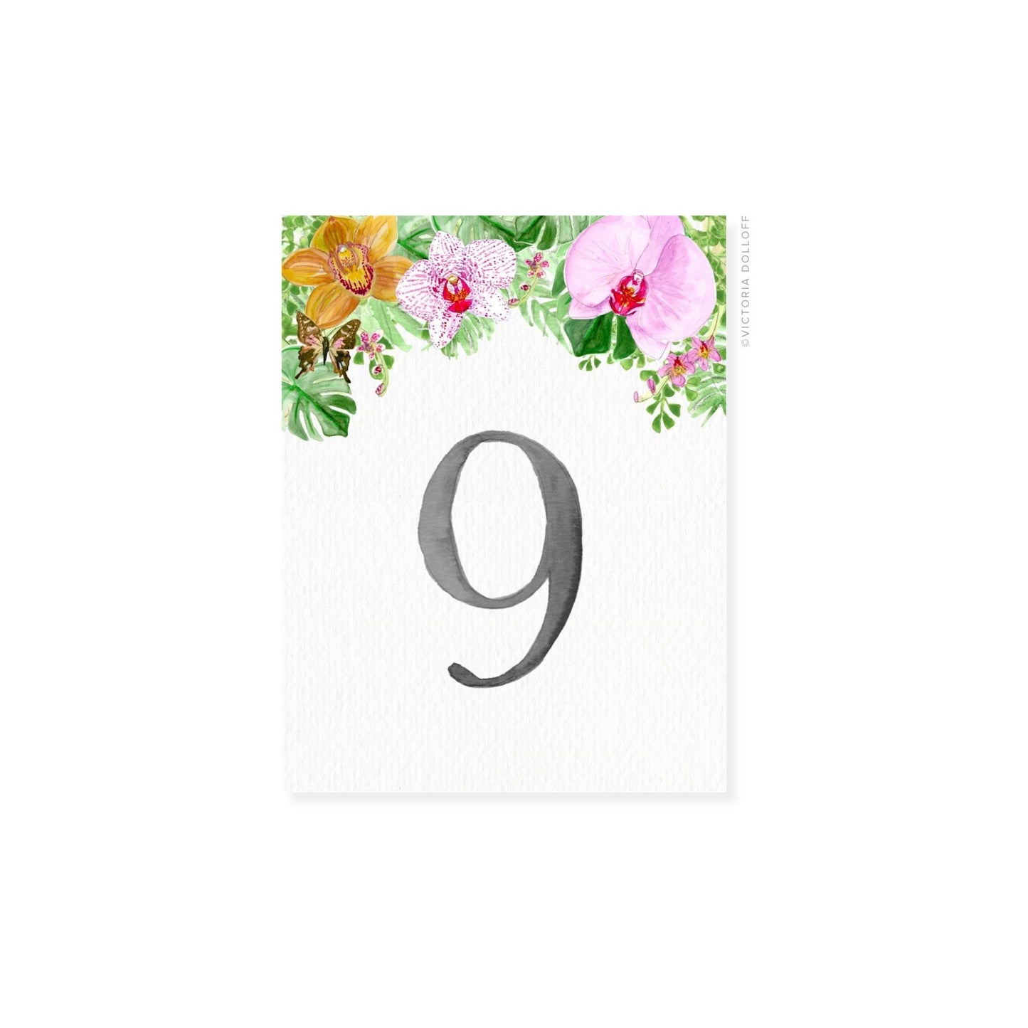 Table number card with floral border, number 9 in Charcoal