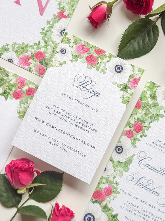 Floral watercolor RSVP card, roses and leaves, cursive central RSVP text