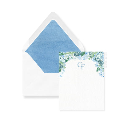 Thank you card and envelope set: coastal hydrangea design with monogram CF, blue liner.