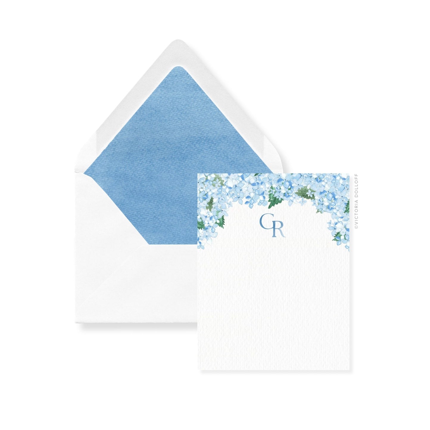 Hydrangea thank-you cards with monogram R on floral panel; powder-blue envelope liner