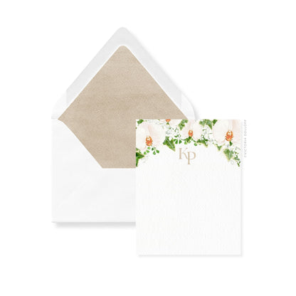Orchid thank-you cards with KP monogram; sand-lined envelopes