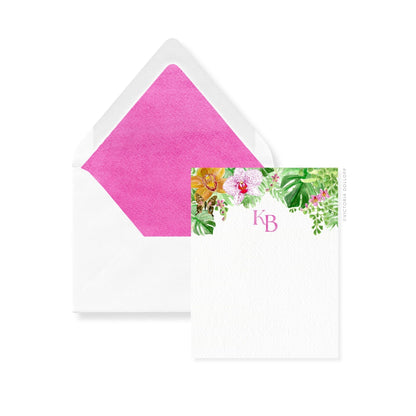 Thank-you cards and envelopes with pink liner, tropical floral panel, monogram HB