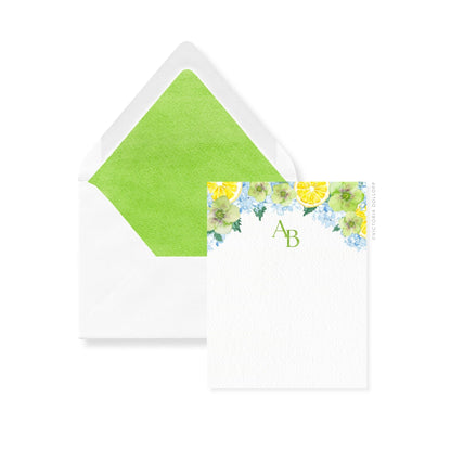 Thank you cards and envelopes with Palm Green liner and floral monogram AB