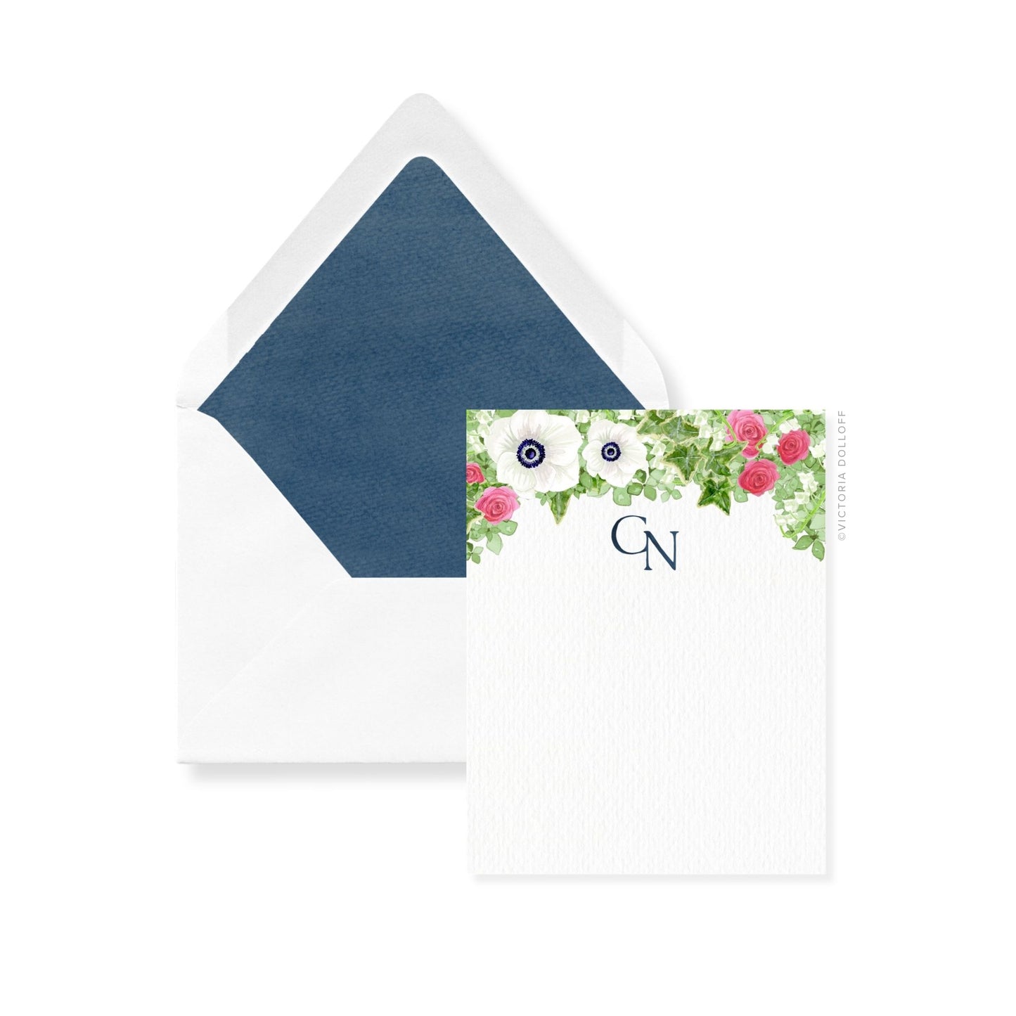 Garden floral thank you card set with monogram; blue envelope liners