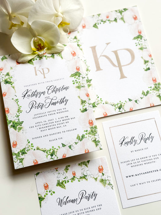 Watercolor wedding invitation with green monogram KD and floral wreath, wedding details