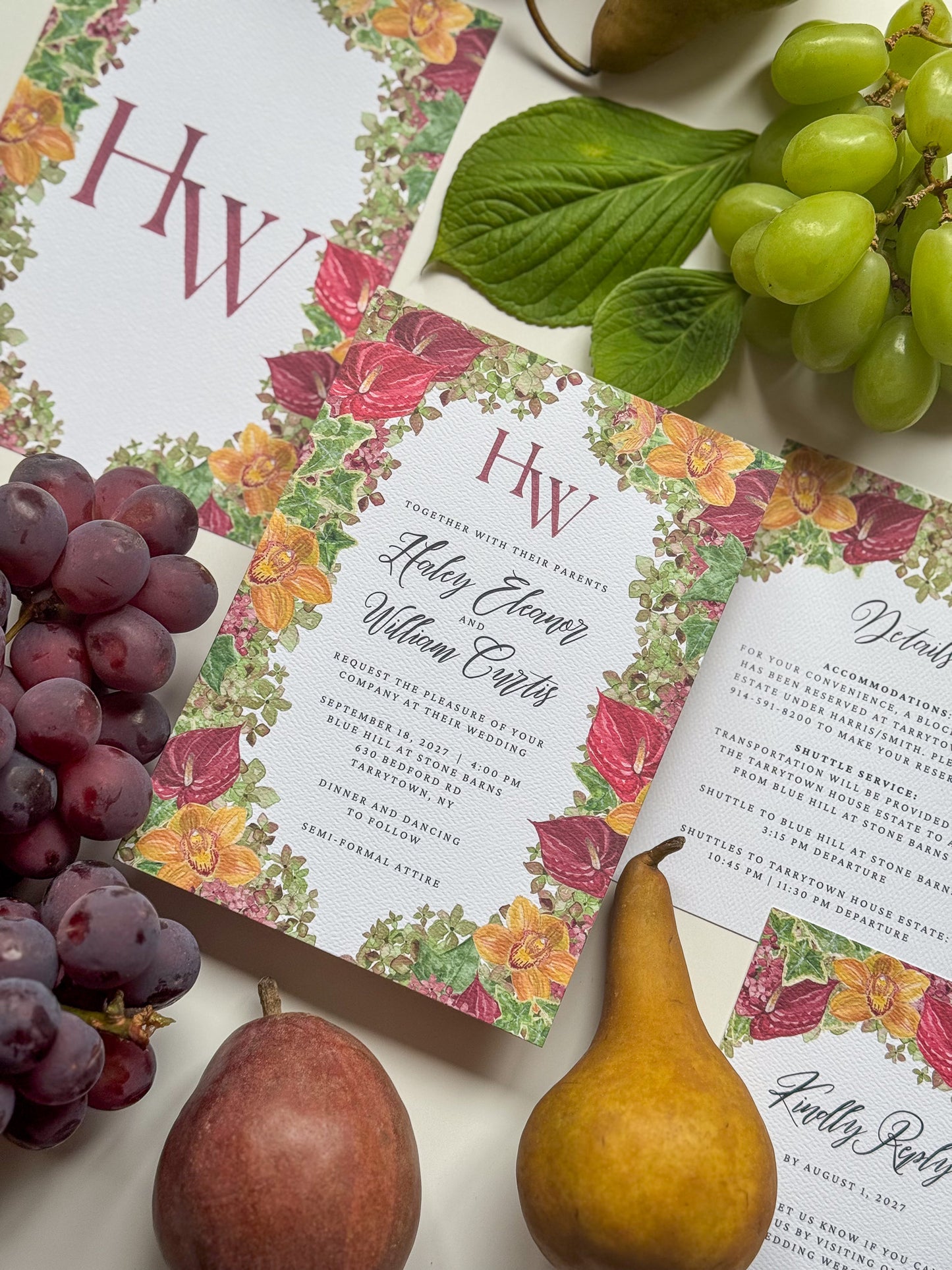 Set of watercolor wedding invitations with floral frame and HW monogram in burgundy ink