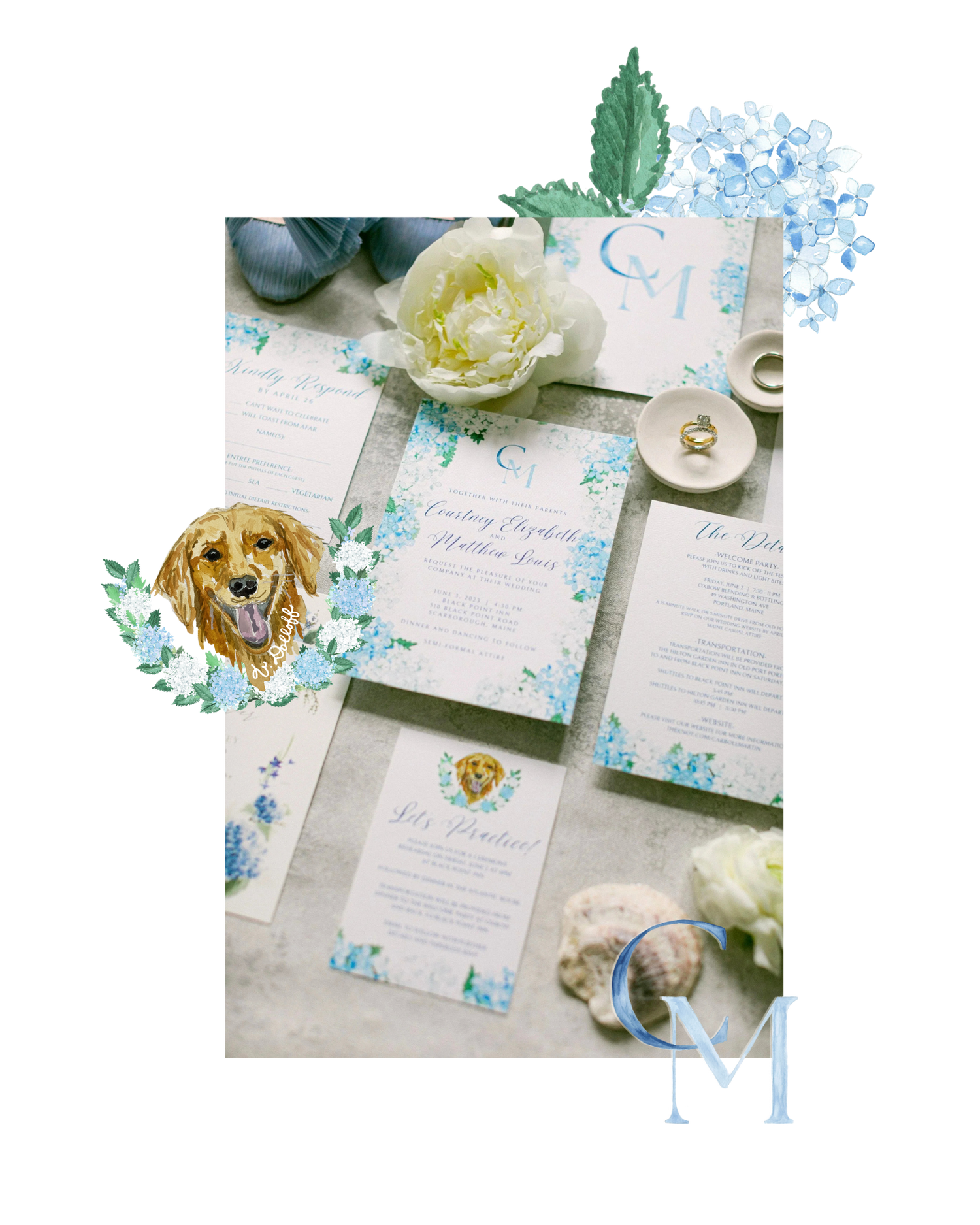 Bespoke wedding invitation set with floral hydrangea design, custom dog illustration, and 'C' and 'M' monogram.
