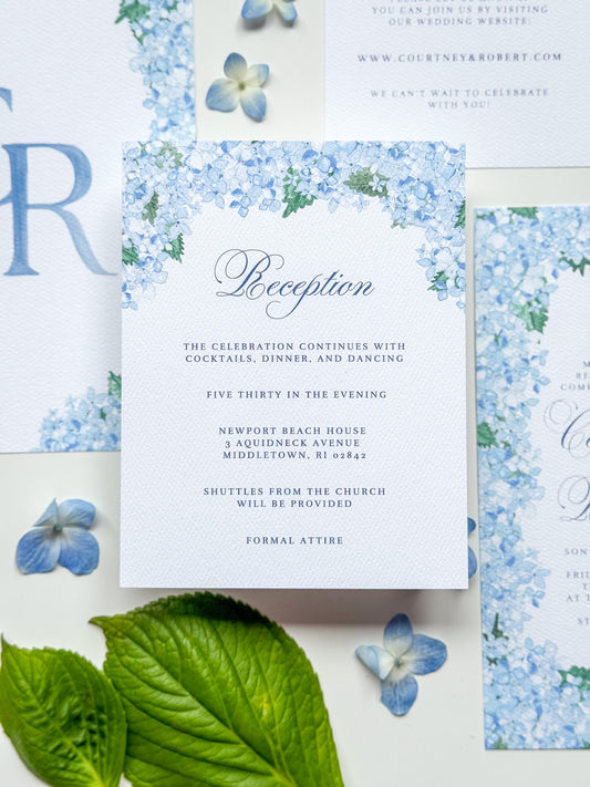 Hydrangea watercolor enclosure card with 'Reception' script and blue floral border