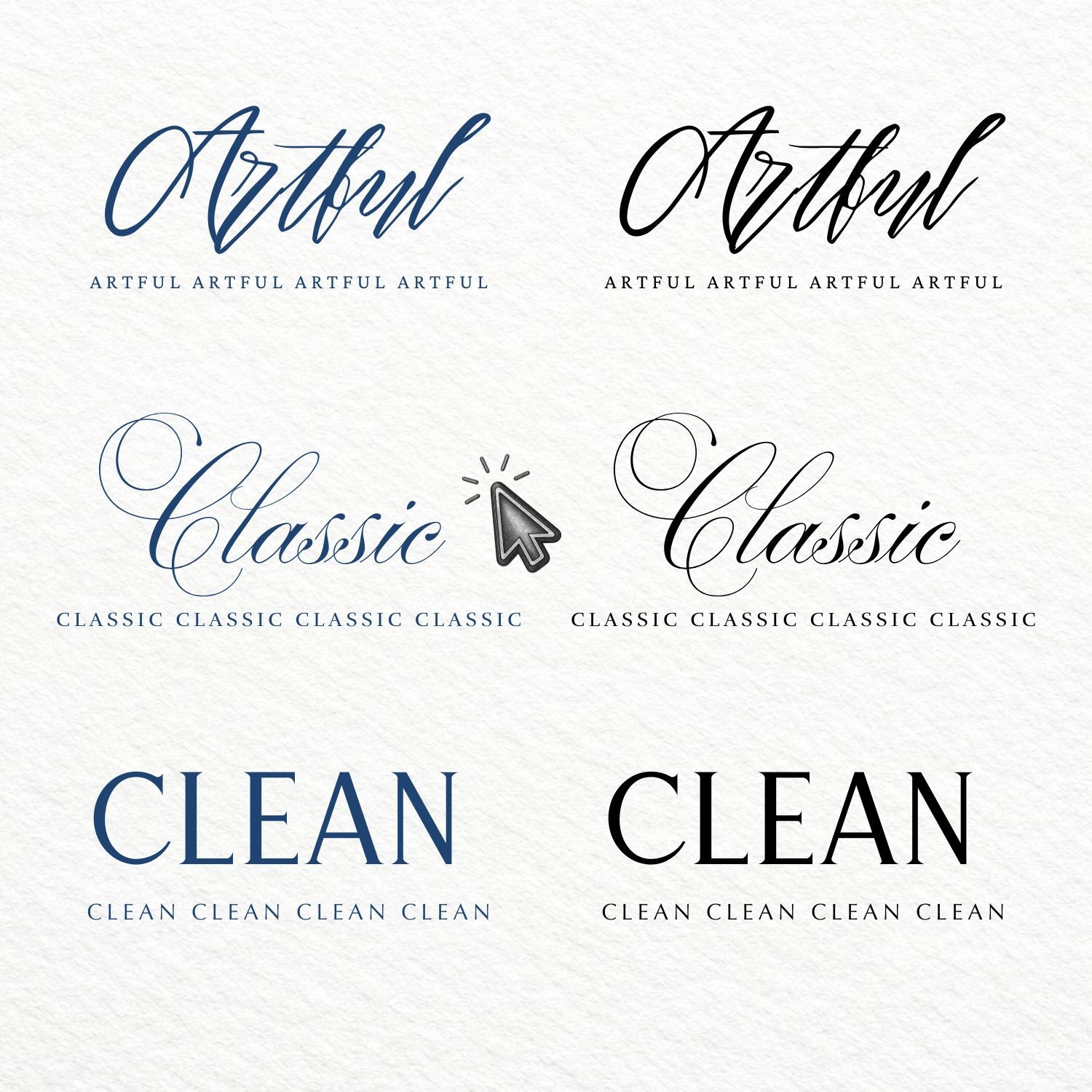 Four different font styles labeled 'Artful', 'Classic', and 'Clean' on a white background.