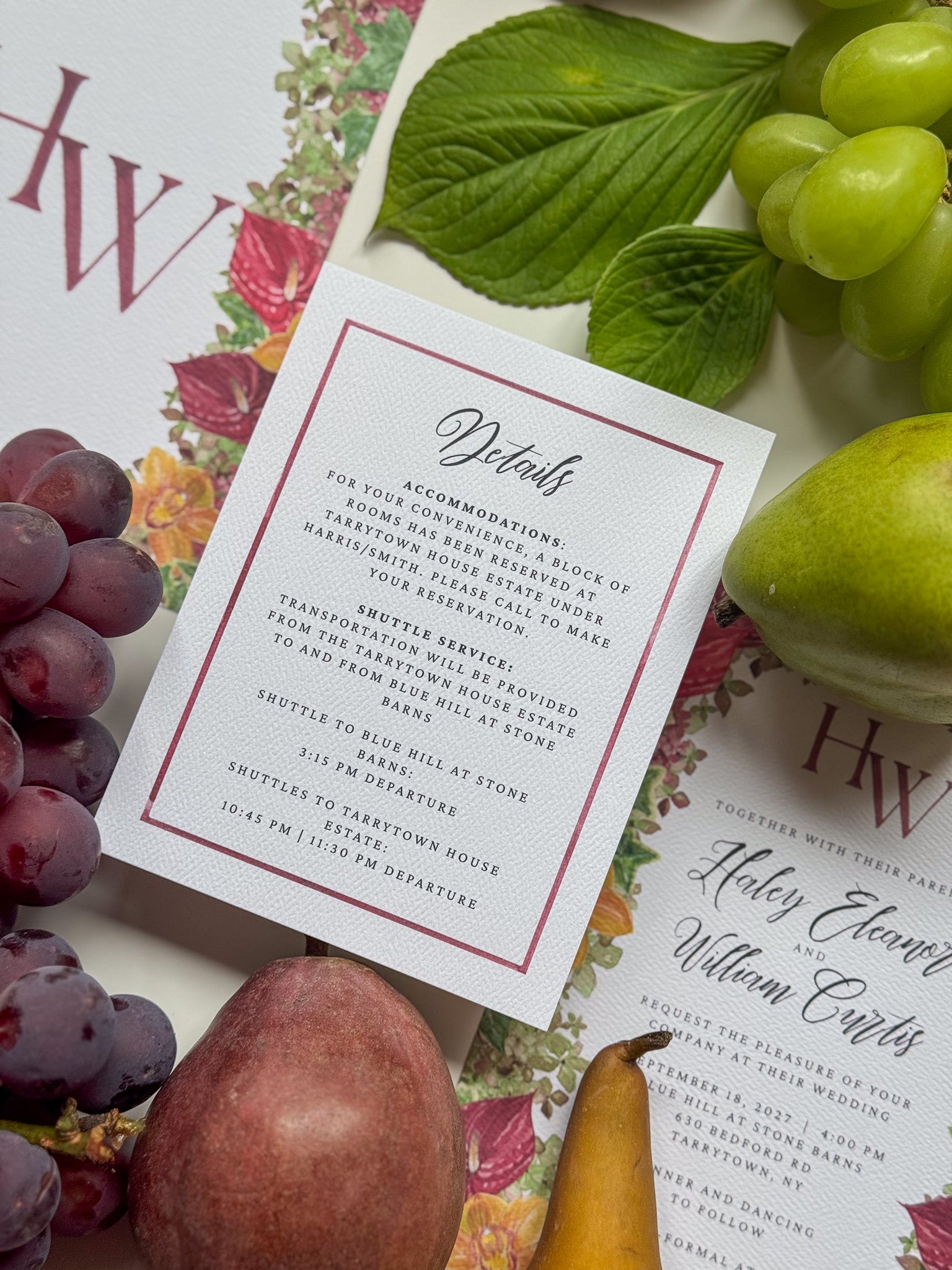 Watercolor border enclosure card with red-framed “Details” text, grapes and leaves nearby