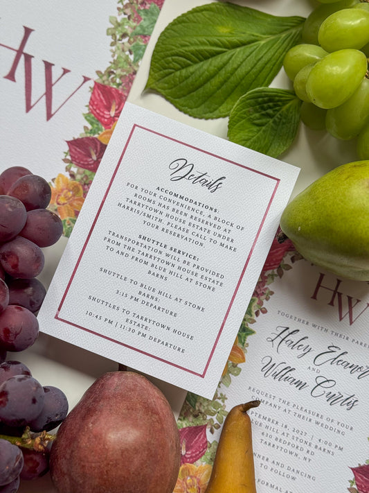 Watercolor border enclosure card with red-framed “Details” text, grapes and leaves nearby