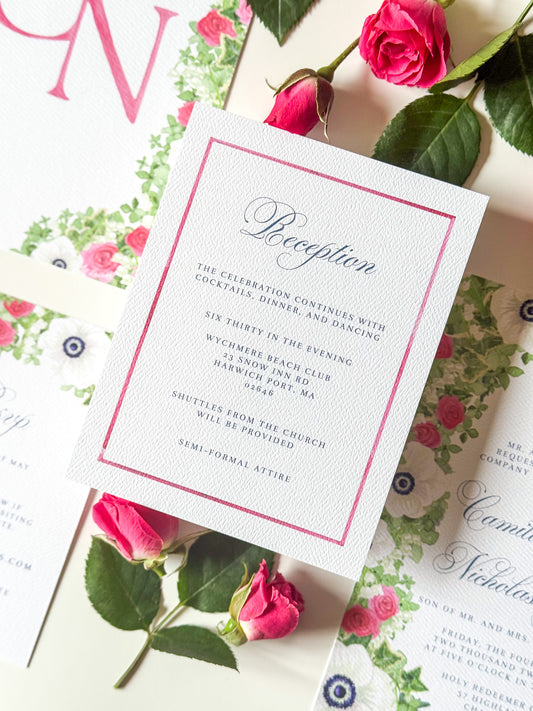 Watercolor border enclosure card, pink border with script “Reception”
