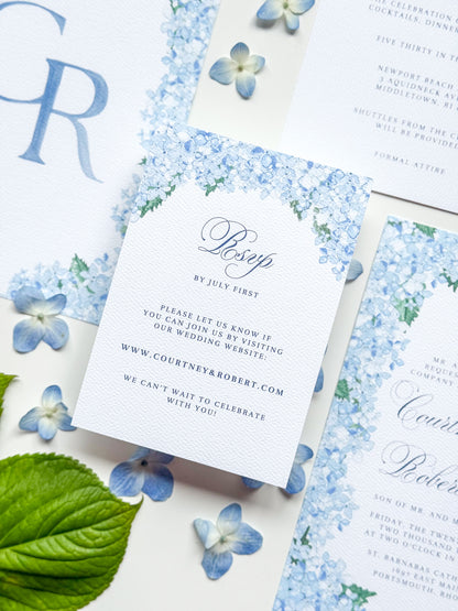 Hydrangea watercolor RSVP card with blue floral border and “Rsvp” script