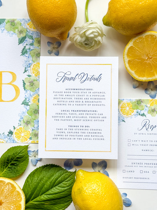 Travel Details card with watercolor lemon-yellow border and cursive header text