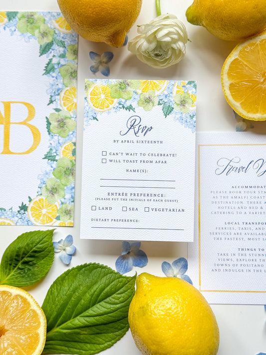 RSVP-Karte mit Aquarell-Zitrusfrüchten & Blumen, Namenszeile, Auswahlkästchen