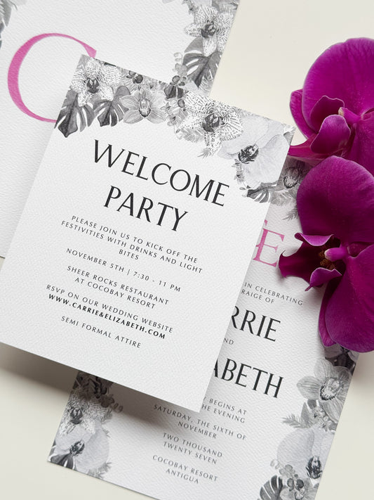 Florale Watercolor-Einladungskarte „Welcome Party“ mit schwarzer Typografie
