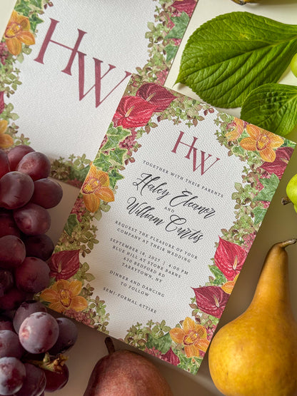Watercolor wedding invitation with burgundy monogram HW and floral border