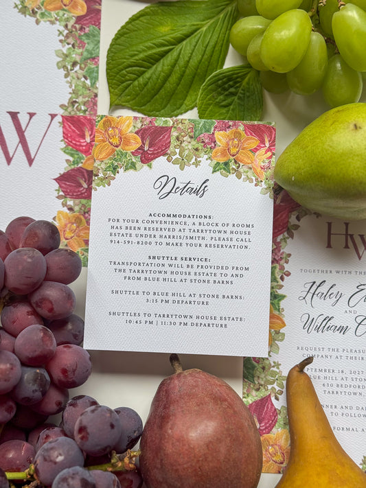 Floral watercolor enclosure card with “Details” script header and accommodation text