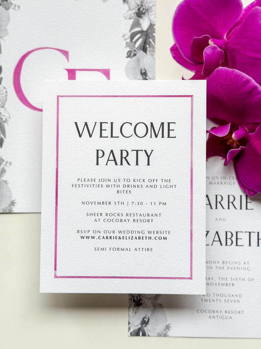 Watercolor border enclosure card, “WELCOME PARTY”, Orchid Pink border, Clean caps text